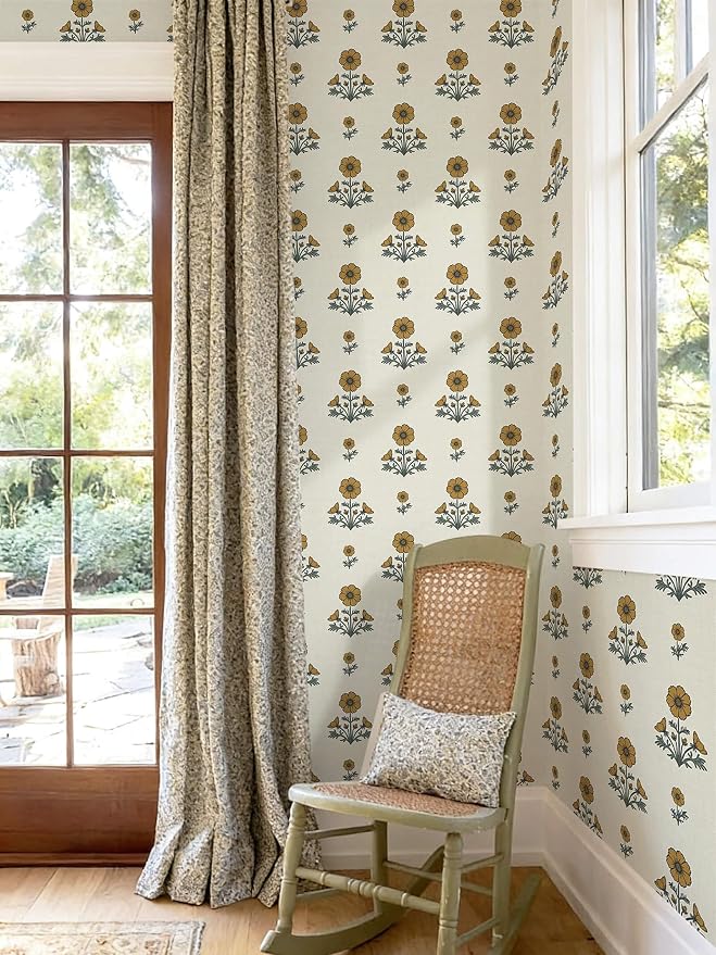 Vintage Floral Wallpaper Floral Peel and Stick Wallpaper for Bathroom 393"×17.3" Daisy Wall Paper Yellow and Green Cottagecore Contact Paper for Nursery Kitchen Self-Adhesive Vinyl Waterproof - Image 3