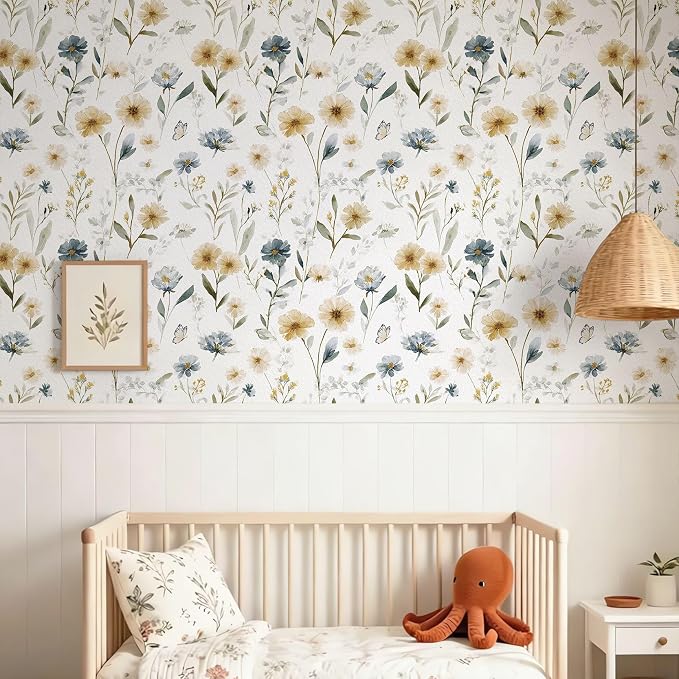 Ismoon Floral Peel and Stick Wallpaper Boho Wallpaper 17.3in x 6.56ft Blue and White Contact Paper Watercolor Flower Removable Wall Paper for Bedroom Nursery Kitchen Girls Room Vinyl - Image 3
