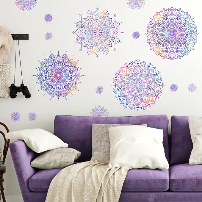Kazova Large Mandala Wall Decals 20 Pcs Purple Wall Stickers for Living Room Lotus Flower Vinyl Decal Peel and Stick Half Mandala Art Murals for Bedroom Headboard Yoga Room Office Decor by Kazova