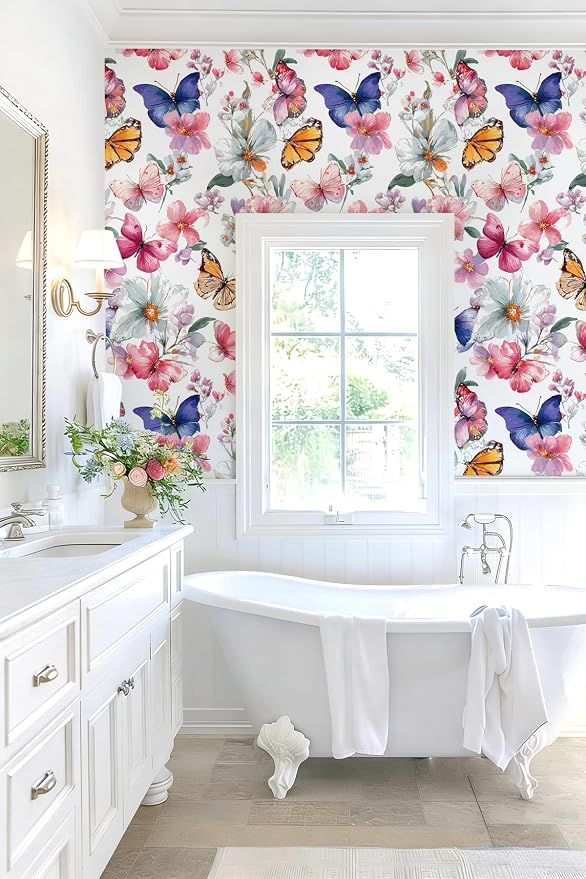 Floral Peel and Stick Wallpaper Butterfly Contact Paper 16.9in×118.1in Watercolor Floral Wallpaper Self Adhesive Removable Modern Flower Contact Paper Waterproof for Bathroom Cabinets Decor - Image 2