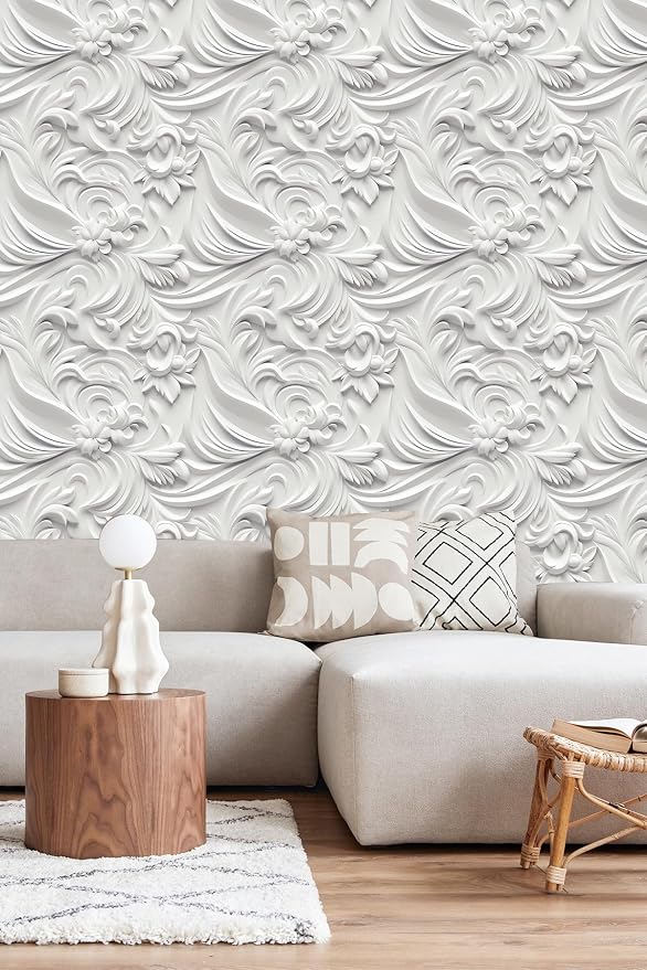 Peel and Stick Wallpaper White Gray Scroll Floral Accent - Image 4