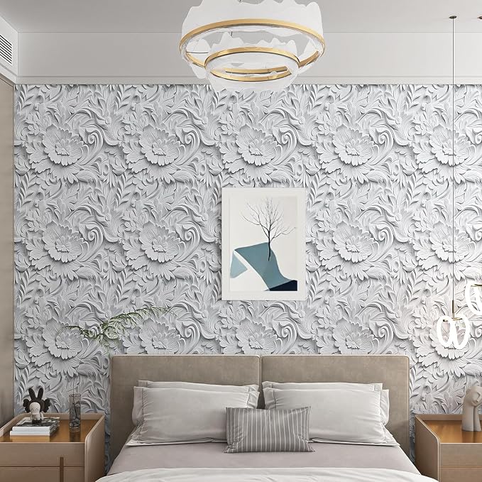 ReWallpaper Faux 3D Wall Panels Peel and Stick Wallpaper Modern Flat 3D Effect Wall Mural Removable Art Decor Gray Floral Ceiling Wallpaper for Bedroom Bathroom Waterproof Contact Paper 17.5inx10ft - Image 2