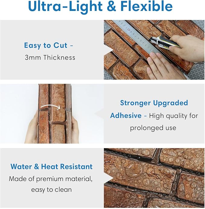 COMSTICKC 3D Peel and Stick Faux Brick Wall Panels for Quick DIY Wall Decor | Brown, 10 Pcs 11.8" x 11.8", Not Real Brick, Small Size Brick, Lightweight Thin PVC Decorative Wall Sticker, Cover 9.7 sq ft - Image 5