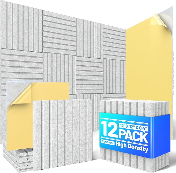 12 Pack Sound Proof Foam Panels for Walls, Acoustic Panels Self-Adhesive | 12" X 12" X 0.4" Slatted Soundproof Wall Panel, High Density Sound Absorbing Panel for Gaming Recording Studio Decor-Gray by Unknown