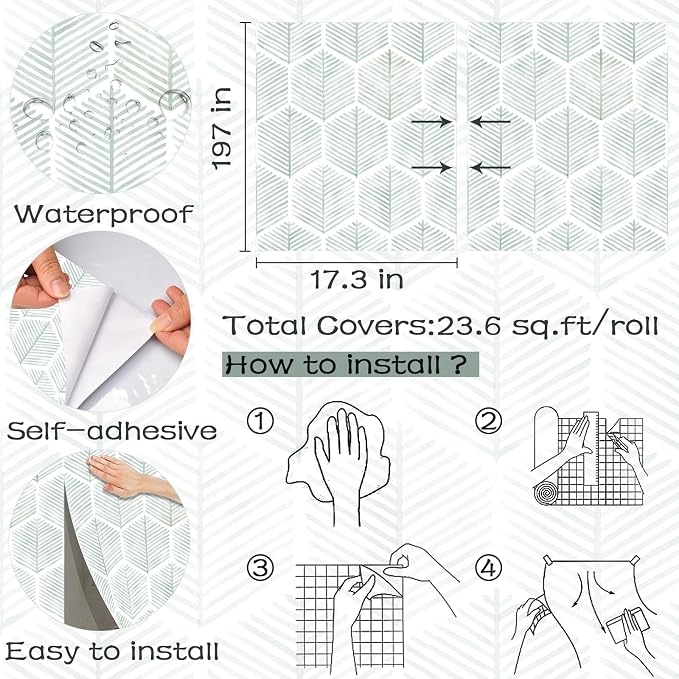 OSECAGE Modern Peel and Stick Wallpaper Boho Contact Paper 17.3''×197'' | Geometric Self Adhesive Wallpaper Removable White and Green Wall Paper Decorative for Bedroom Bathroom Cabinets Decor Vinyl - Image 3