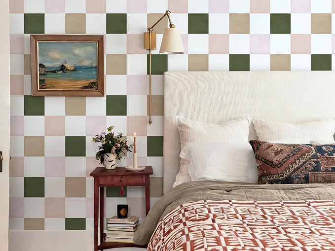 Ismoon Modern Peel and Stick Wallpaper Pink and Green Checkered Contact Paper Removale Self-Adhesive Stick on Wallpaper for Bedroom Bathroom Shlef Cabinet Décor 17.3in x 32.8ft - Image 2
