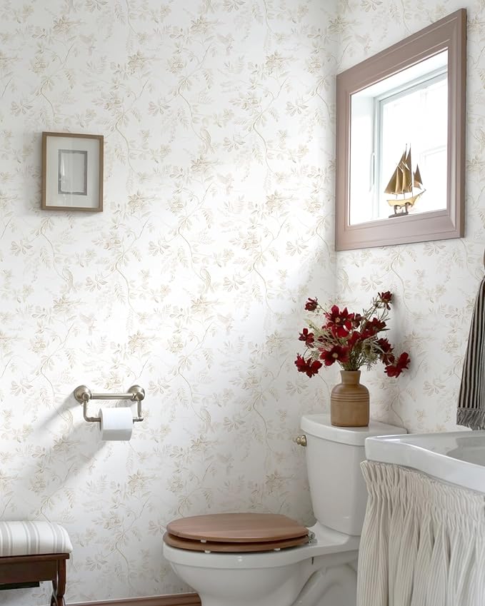 Dimoon 17.3''x197'' Vintage Peel and Stick Wallpaper Boho Beige Neutral Contact Paper White Floral Bird Wallpaper Removable Botanical Renter Friendly Modern Wall Paper Bedroom Bathroom Vinyl Roll - Image 7