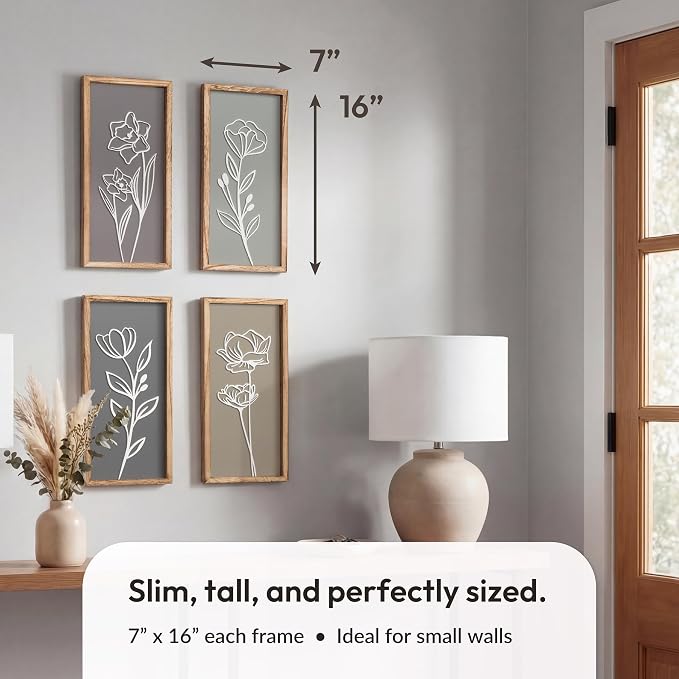 Tide and Tales 3d Framed Wall Art, Set of 4, Floral Boho Wall Decor | 7" x 16", Lightweight, Wooden, Ready-to-Hang Wall Decor for Living Room, Bathroom, Bedroom or Office, Botanical Farmhouse - Image 3