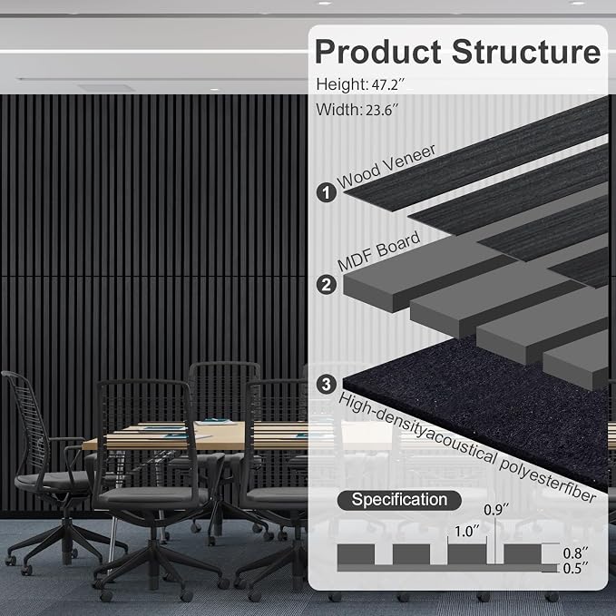Wood Panels for Wall Acoustic Slat Wall Panels 2-Piece 47.2"×23.6" 3D Fluted Sound Absorbing Panel for Interior Wall Decor and Ceiling - Black - Image 8