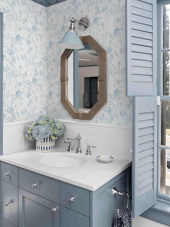 Dimoon 17.3''x385'' Blue Peel and Stick Wallpaper Floral Modern Light Blue Contact Paper White Bird Kitchen Wallpaper Removable Bathroom Renter Friendly Waterproof Embossed Bedroom Vinyl Roll - Image 8