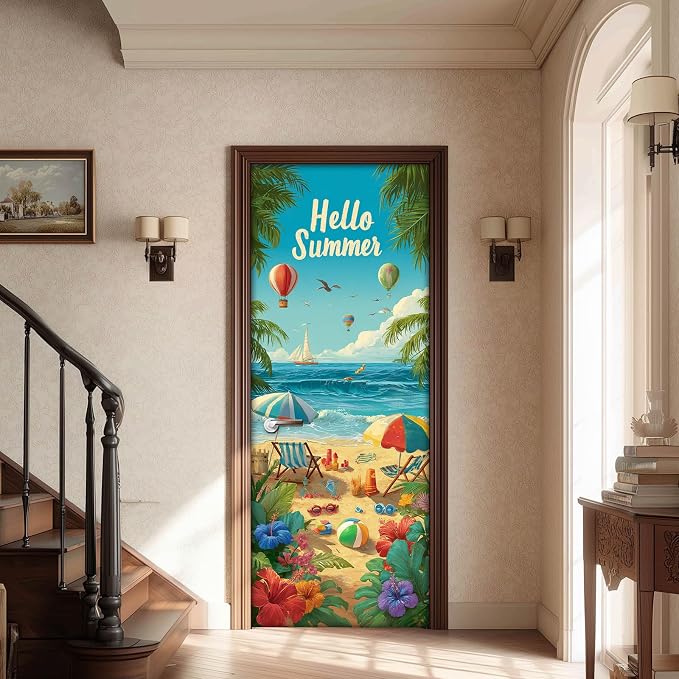 HOMETITUTE Hello Summer Beach Balloon Palm Peel Stick Door 30.3x78.7 PVC | Wall Cover Poster Decals Removable Wallpaper Self Adhesive Livingroom Bedroom - Summer Beach - Image 2