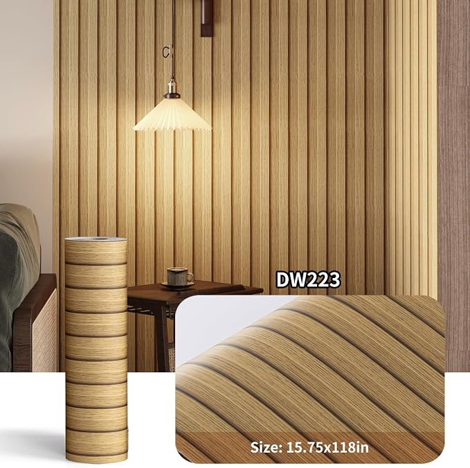 Haimin Wood Grain Slat Wall Panels Peel and Stick Faux Wood Thick Wallpaper | 118"x15.75" Waterproof PET & IXPE Foam Paneling Adhesive Smooth Beadboard Wallpaper Wall Covering Panels (Yellow Oak) - Image 2