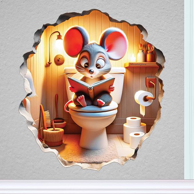 3D Mouse Sitting on Toilet - Mousehole Wall Sticker Decal - Removable Bathroom Decor - Kids Room - Peel & Stick - Whimsical Home Decor - MICESTERPIECE by Micesterpiece
