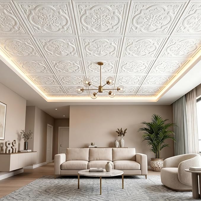 Nuanchu 80 Pcs 13.8 x 13.8 Inch Ceiling Tiles Peel and Stick, Exquisite | Foam White 3D Wall Panels 26-105.5 Sq. ft Adhesive Glue up Waterproof Wallpaper for DIY Office Home - Image 5