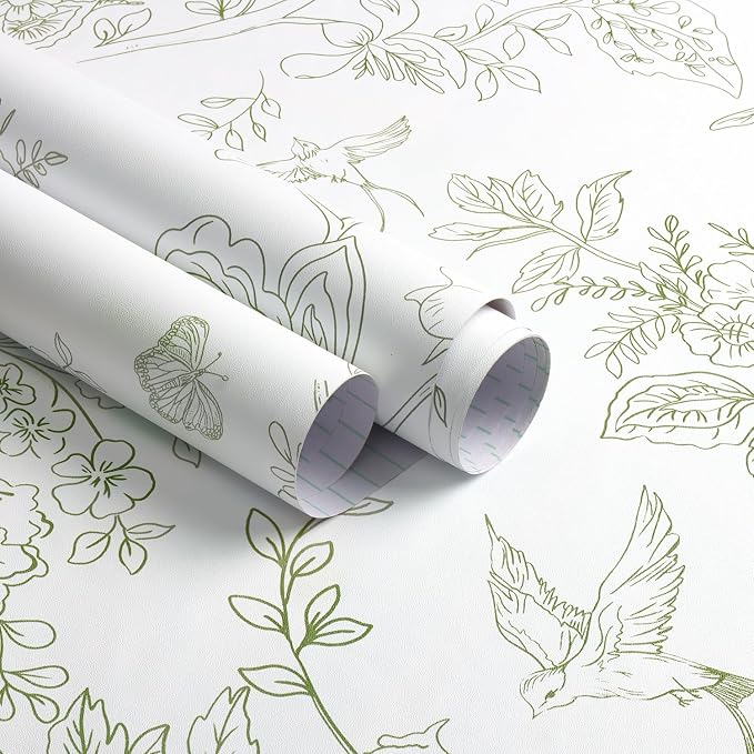 Froluya Green and White Peel and Stick Floral Wallpaper 17.7in×118.1in | Boho Floral Self Adhesive Wallpaper Vintage Flower Bird Removable Contact Paper for Bathroom Shelf Liner Cabinets Vinyl by Froluya