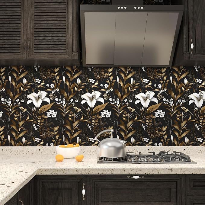 Laatse Vintage Dark Black Golden Floral Peel and Stick Wallpaper 17.5"x787" | Self Adhesive/Removable/Waterproof/Thick Vinyl Extra Long Contact Paper for Bathroom Bedroom Shelf Cabinet Drawer,Prepasted - Image 4
