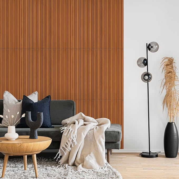 STICKGOO Slat 3D Wall Panel for Interior Wall Decor PVC Fluted Textured Panel 12-Tile 19.7 x 19.7in - Walnut - Image 8