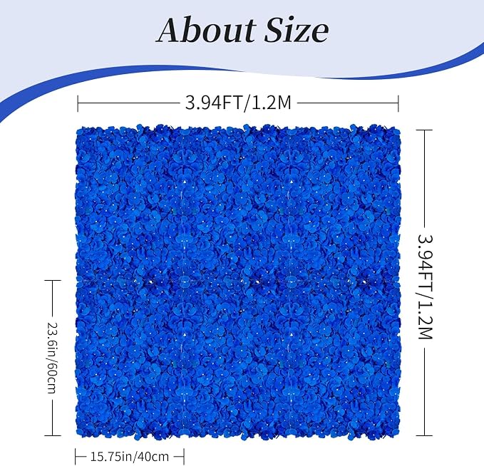 BLOSMON Royal Blue Flower Wall Panel Backdrops, 6 Pcs, 24 x 16 Inch | Hydrangea Artificial Flower Backdrops, for Wedding, Party, Bridal Shower, Hanging Faux Silk Floral Panels for DIY Decor - Image 2