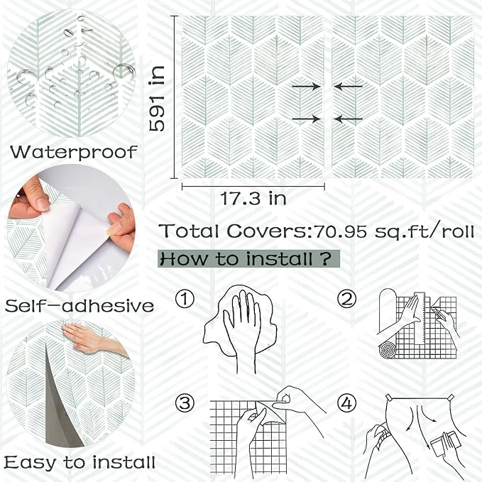 OSECAGE Modern Peel and Stick Wallpaper Boho Contact Paper 17.3''×591'' | Geometric Self Adhesive Wallpaper Removable White and Green Wall Paper Decorative for Bedroom Bathroom Cabinets Decor Vinyl - Image 3