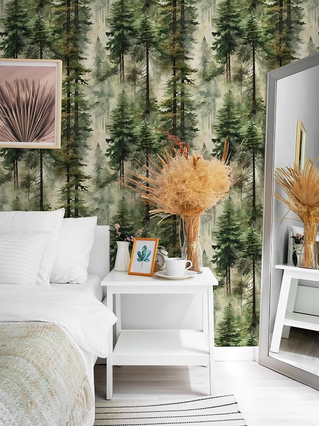 HAOKHOME Forest Peel and Stick Wallpaper Tree Green Mural Woodland Nature | Textured Removable Wall Paper Modern Waterproof Landscape Mountain Botanical Bathroom Bedroom Contact Paper 17.3in x 9.8ft - Image 3