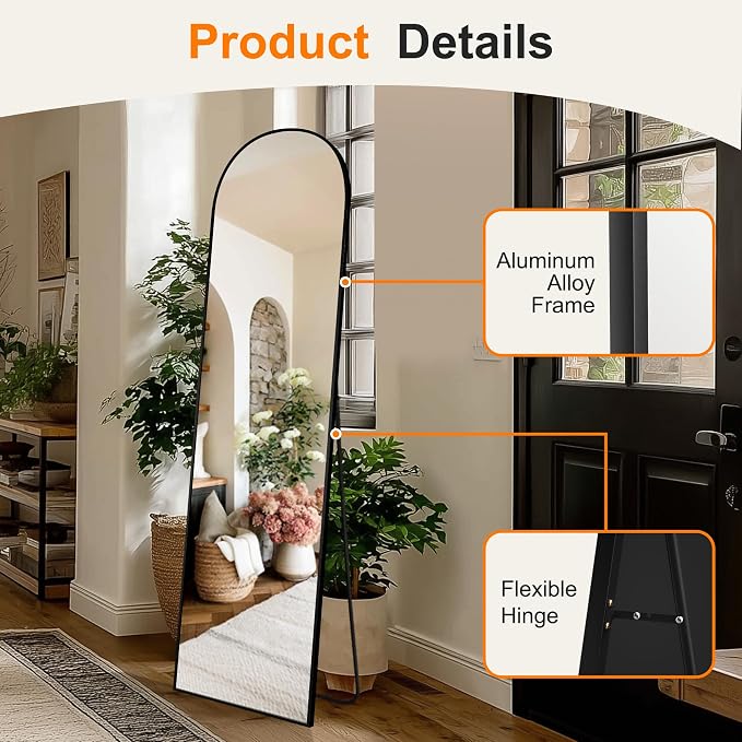 Arched Full Length Mirror, 56"x15" Standing Body Mirror for Wall, Black - Image 8