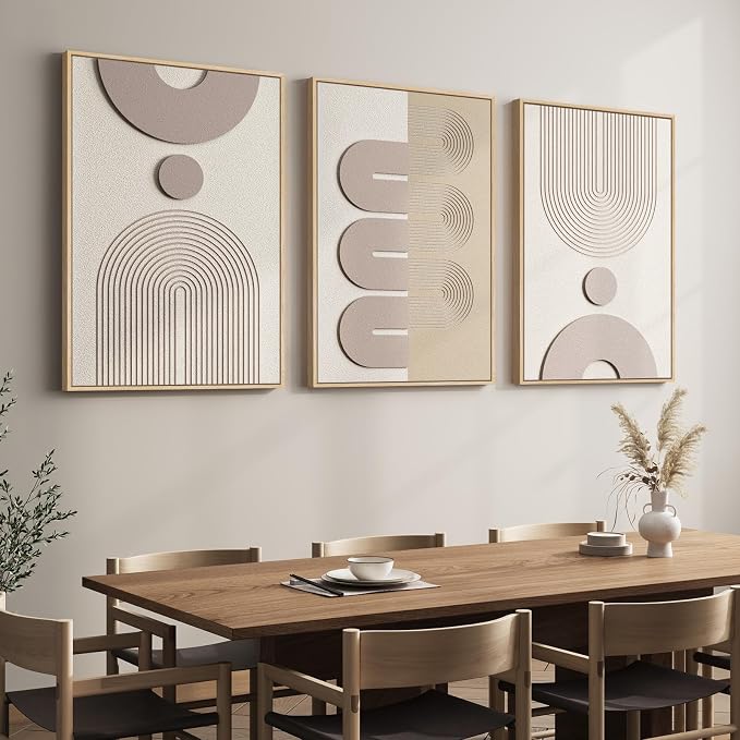 3D Large Framed Boho Neutral Abstract Wall Art for Living Room, 3 Piece | Solid Wood Frame, Textured Paintings, Beige Geometric Sculptural Artwork, 24x36 In Pictures Wall Decor Bedroom Office - Image 2