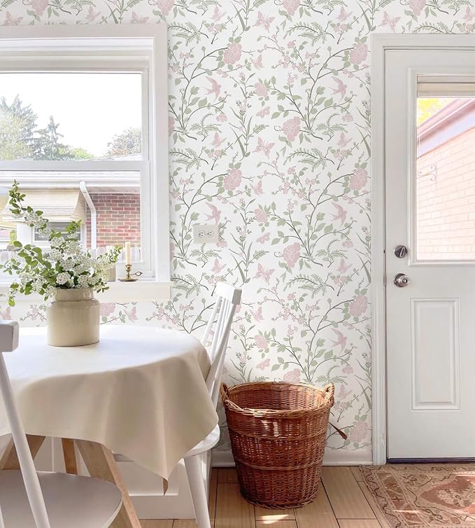 Pink Floral Wallpaper Pink and Green Wallpaper for Nursery Bedroom 78.7"×17.3" Botanical Bird Butterfly Peel and Stick Wall Paper Boho Contact Paper for Cabinets Renter Friendly Self-Adhesive - Image 2