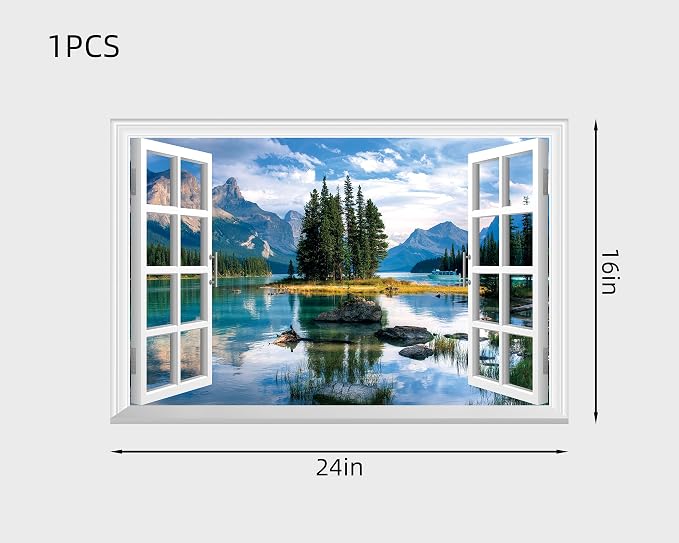 FLFK Fake Window Wall Decal - Trees in The Lake Faux Window Wall Mural for Wall Decor, Peel and Stick Wall Sticker,24"x16" - Image 2