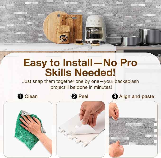Peel and Stick Backsplash Tile Waterproof Removable PVC Wall Sticker 3D Faux Stone Marble Brick White Accent Panels (Matte Gray Stone - Metal Silver, 20 Tiles - 9 sq. ft. (0.84 M²)) - Image 5