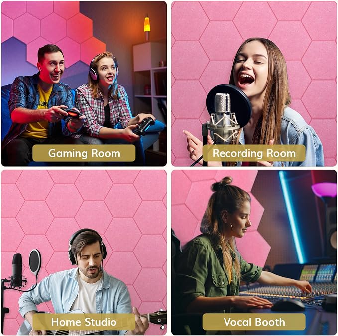 12 Pack High Density Hexagon Acoustic Panels, TONOR 12"x 10"x 0.4" Soundproof Wall Panels, Sound Absorbing Panels for Interior Wall Décor, Peel and Stick Modern for Studio, Office, Home, Pink - Image 5