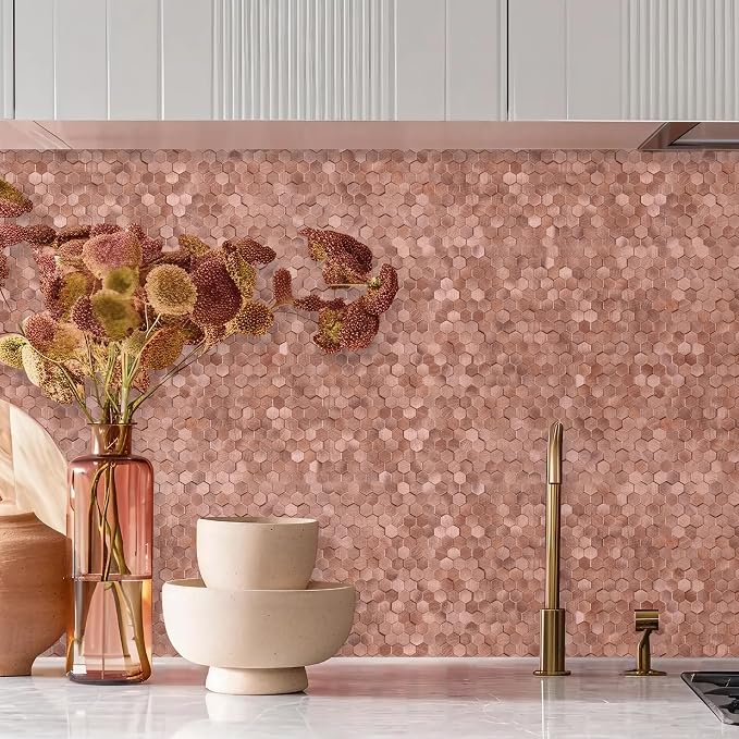 STICKGOO Peel and Stick Backsplash Tiles, Stick on Mosaic Self Adhesive Tiles, 3D Hexagon Backsplash for Kitchen Bathroom Fireplace Vanity (8PCS, Rose Gold) - Image 8