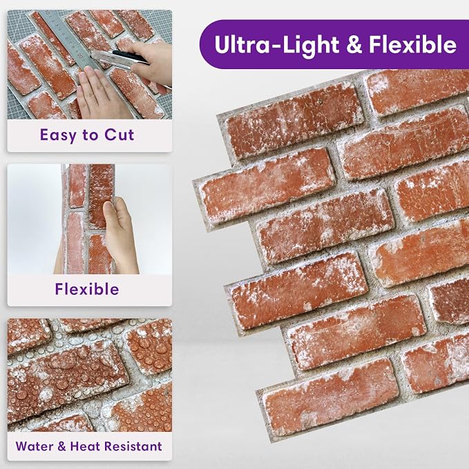 3D Faux Brick Wall Panels Peel and Stick, Designed for Quick DIY | Old Orange, 10 Pcs 11.8" x 11.8", Small Brick-Look, Ultra-Light PVC Fake Brick Covering for Wall Renovation, Cover 9.7 sq ft - Image 6