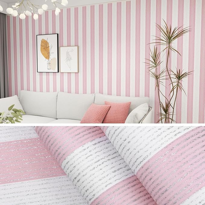 Pink Stripe Peel and Stick Wallpaper A Set of 15.7" x 472" Pink and White Self-Adhesive Wallpaper Removable Waterproof Contact Paper for Cabinets,Bedroom,Nursery,Accent Wall by Biyoeepeelstickwallpaper
