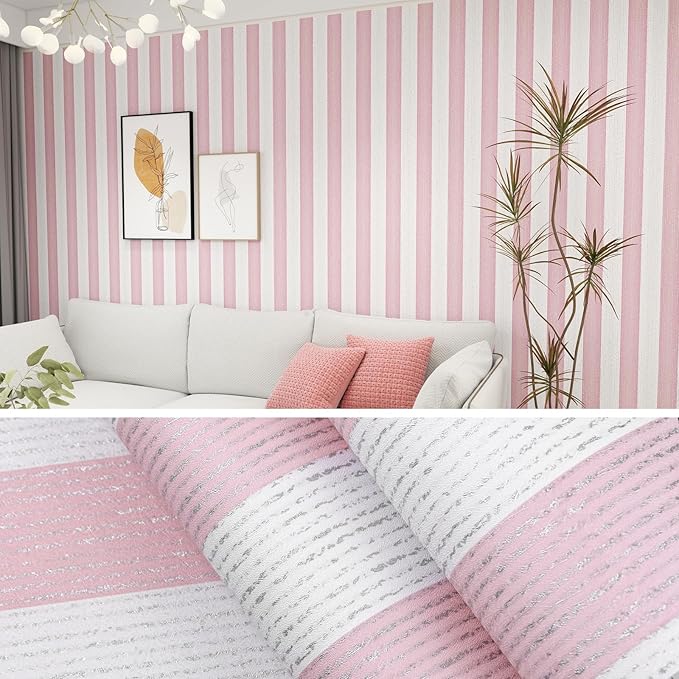 Pink Stripe Peel and Stick Wallpaper 15.7" x 118" Pink and White Self-Adhesive Wallpaper Removable Waterproof Contact Paper for Cabinets,Bedroom,Nursery,Accent Wall by Biyoeepeelstickwallpaper