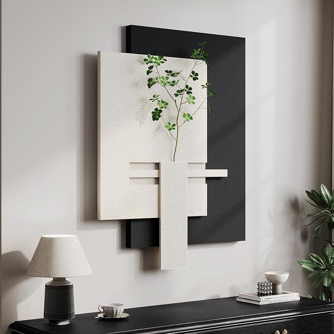 3D Black and White Abstract Wall Art, Modern Minimalist Artwork for Walls | Sandstone Textured Pictures, Layered Panle Design, Faux Plant, Decor for Living Room Bedroom Dining Room Office - Image 2