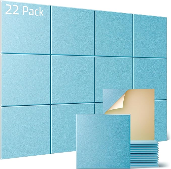 Sonicism 22 Pack Acoustic Wall Panels with Self-Adhesive, 12" X 12" X 0.4" Sound Proof Foam Panels, Decorative Soundproof Wall Panels, Sound Proof Absorbing Tiles for Home & Offices, Light Blue by Sonicism