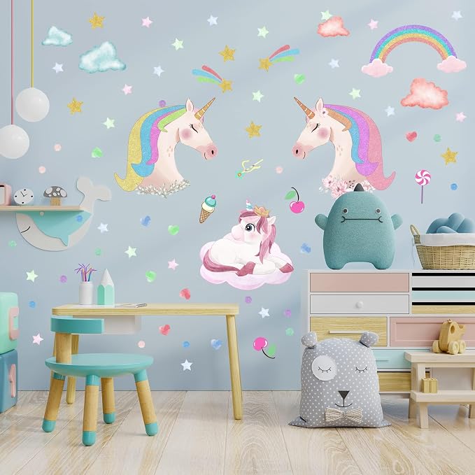 Glow in The Dark Unicorn Wall Stickers Decals, Removable Dots Stars Decals for Ceiling, Luminous Rainbow Wall Decal for Nursery, Room Decor Boys Girls Bedroom Playroom - Image 3