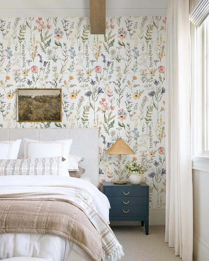 Dimoon Boho Peel and Stick Wallpaper White Floral Contact Paper 17.3x78.7in |Purple Wildflower Botanical Renter Friendly Removable Self Adhesive Stick on Wall Paper Decor for Bathroom Bedroom Vinyl - Image 7