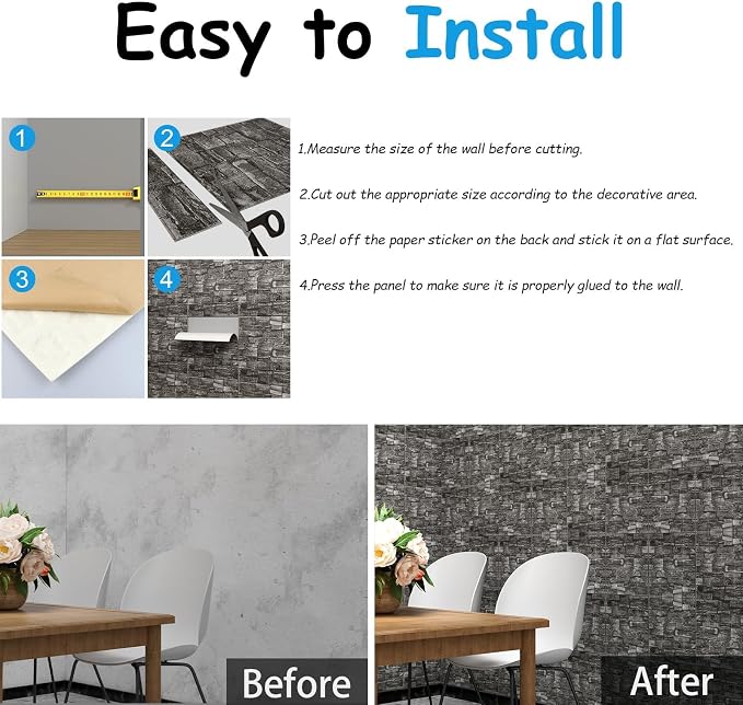 GrGreymond Faux Brick Wall Panels, 40 PCS, Grey | 3D Wall Panels Peel and Stick, XPE Foam 3D Wallpaper, Self-Adhesive Faux Stone Wall Panels for Bedroom, Stairs, Kitchen - Image 3
