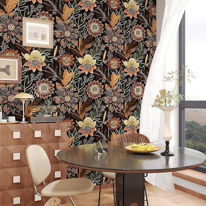 Laatse Boho Dark Black Gold Floral Wallpaper Peel and Stick 17.5"x197" | Self Adhesive/Removable/Waterproof/Thick Vinyl Contact Paper for Bathroom Bedroom Shelf Cabinet Drawer,Prepasted,Easy Peel - Image 2
