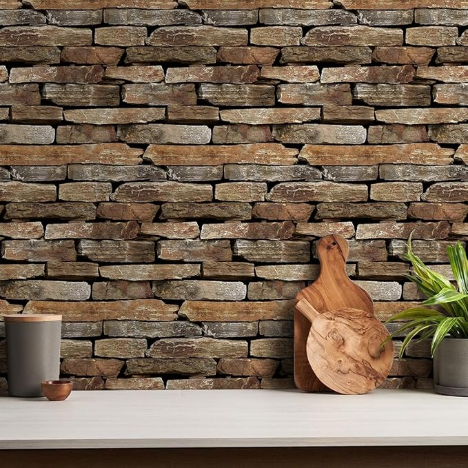 3D Peel and Stick Faux Stone Wall Panels 11.8" x 11.8" 10-Pack | Brown with Green, Stone-Look Textured Wall Sticker, Thin PVC Self Adhesive Wall Tiles for Interior Decor, Cover 9.7 sq ft - Image 7