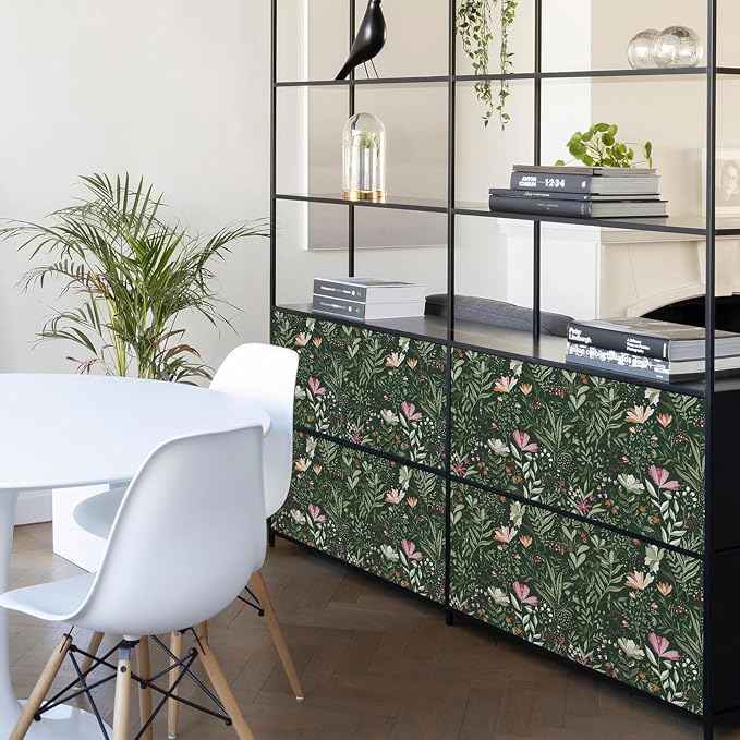 Fititem Green Floral Peel and Stick Wallpaper Boho Dark Vintage 17.3”×78.7” | Floral Self Adhesive Contact Paper Botanical Nature Removable Wildflower Wallpaper Waterproof Wallpaper for Bathroom Bedroom - Image 7