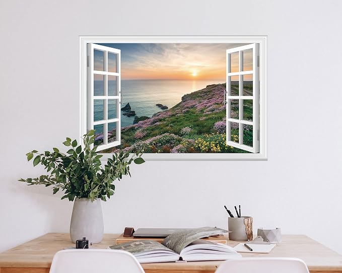 FLFK Fake Window Wall Sticker - Sunset Over the Sea Faux Window Wall Mural for Wall Decor, Stick and Peel Wall Decals,24"x16" - Image 6