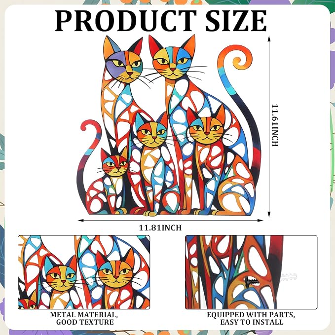 Wesiti Cat Wall Art Iron Sculpture 11.81x11.61 Mid Century Colorful | Graceful Design for Cat Lovers, Vibrant Retro Style, Perfect for Living Room Bedroom Kitchen Office Metal Sculpture - Image 2