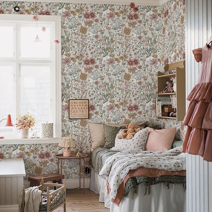 Orainege Vintage Peel and Stick Wallpaper Daisy Floral Wallpaper | 16.9in x196.8in Boho Floral Contact Paper Self Adhesive Removable Wall Paper for Bedroom Living Room Decor Vinyl Roll - Image 4