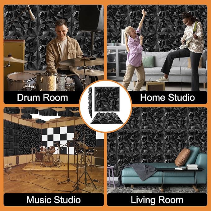 TroyStudio Acoustic Sound Diffuser Panels, 19.7 X 19.7 X 1 inches 12 Pcs Black PVC Plastic 3D Wall Panel, Recording Studio Acoustical Treatment Diffusion panel, Art Decorative Ceiling Tiles - Image 5