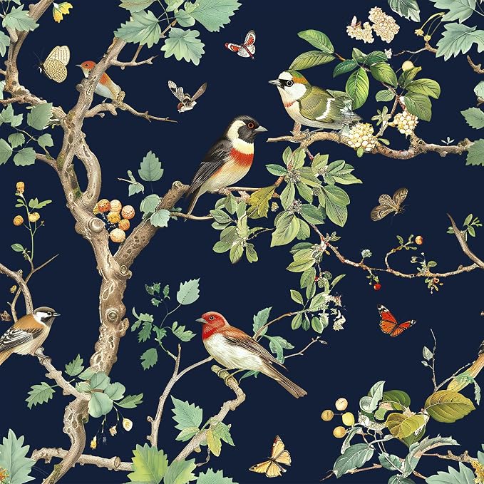 Nukofal Dark Bird Peel and Stick Wallpaper Floral Contact Paper for Cabinet | Floral Wallpaper Peel and Stick Bird Contact Paper 16.9"x196.8" Waterproof Boho Self Adhesive Removable Wall Paper Decor Viny by Nukofal