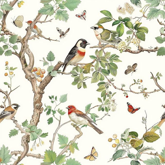 Nukofal Vintage Peel and Stick Wallpaper Bird Contact Paper 16.9inx590.5in | Floral Peel and Stick Wallpaper Floral Bird Wallpaper Boho Self Adhesive Removable Wall Paper for Bathroom Wall Decorative by Nukofal