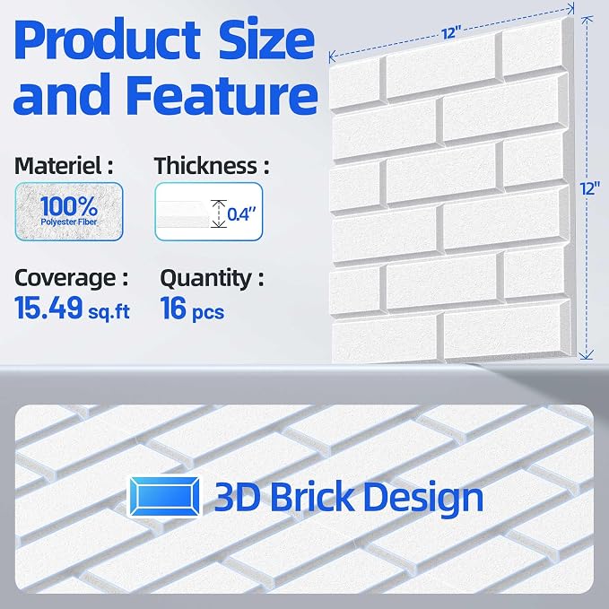 Self-Adhesive Acoustic Panels High Density Sound Proof Foam Panels for Wall | 16 Pack Brick Soundproof Wall Panels, 12" x 12" x 0.4" Sound Dampening Absorbing Panels for Home Studio Decor Office - White - Image 5