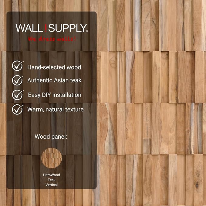 Wall!Supply 3D Wall Panels – Reclaimed Vertical Asian Teak Wood – Home Decor Wallpaper Alternative for Living Room, Bedroom & Office – Easy DIY Installation – 16 Pack, Covers 11.15 Sq Ft | Real Reclaimed Asian Teak, Wallpaper Alternative, Easy DIY Inst... - Image 3